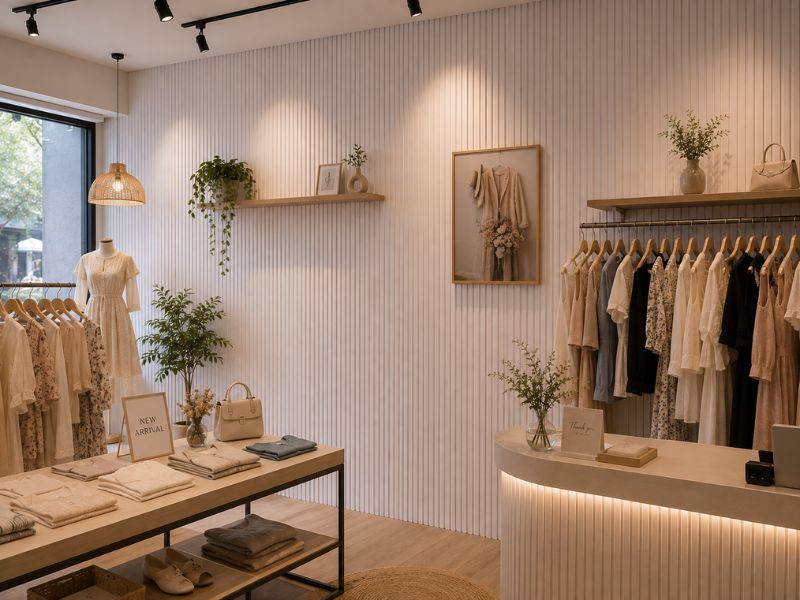 Tấm ốp lam 3 sóng thấp K-11 tại shop quần áo