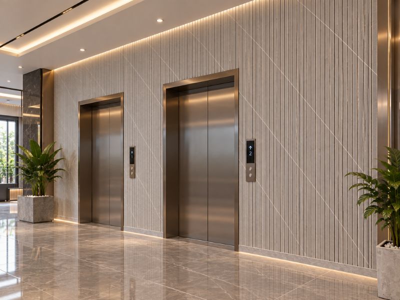 Tấm ốp lam 4 sóng thấp K-27 tại sảnh thang máy