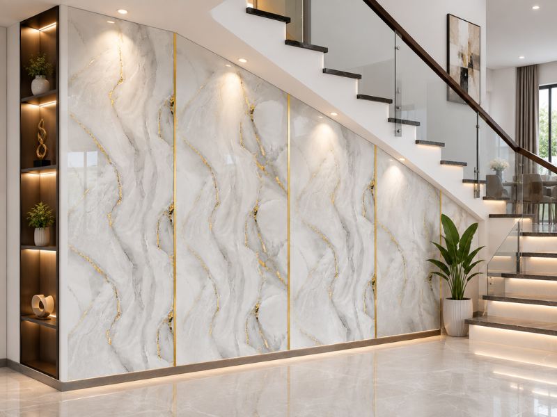 Tấm ốp PVC vân đá KT-09KT tại chân cầu thang