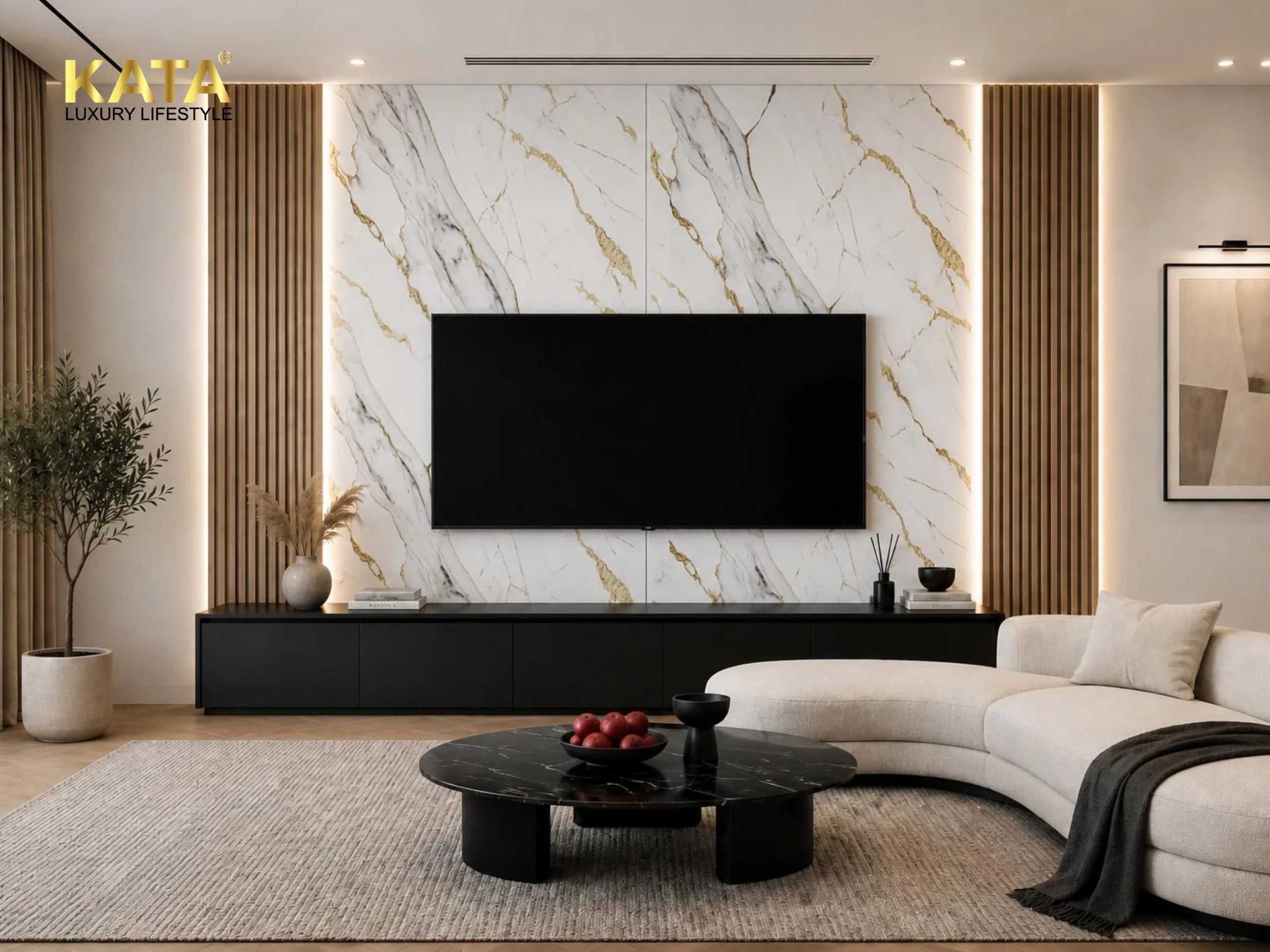 Ốp tường phòng khách vân đá sang trọng, hiện đại