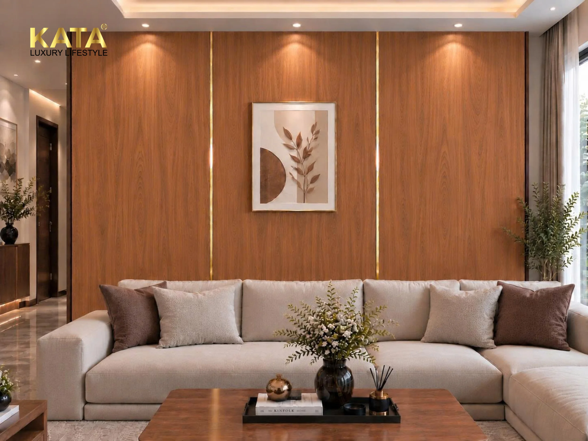 Ốp tường phòng khách vân gỗ ấm áp, gần gũi