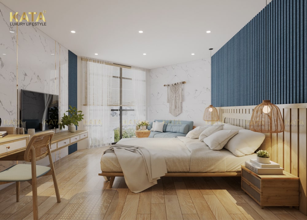 Phòng ngủ với tấm ốp tường lam sóng, pvc vân đá KATA sang trọng